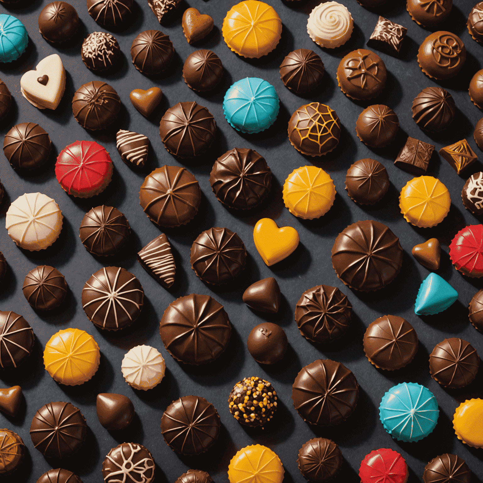 A beautifully arranged display of colorful, artisanal chocolates in various shapes and designs, showcasing the latest trends in gourmet chocolate making