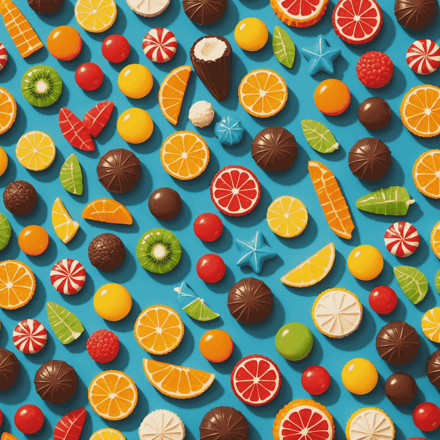 Colorful array of summer-themed candies including fruit-shaped gummies, tropical chocolate truffles, and coconut-flavored hard candies