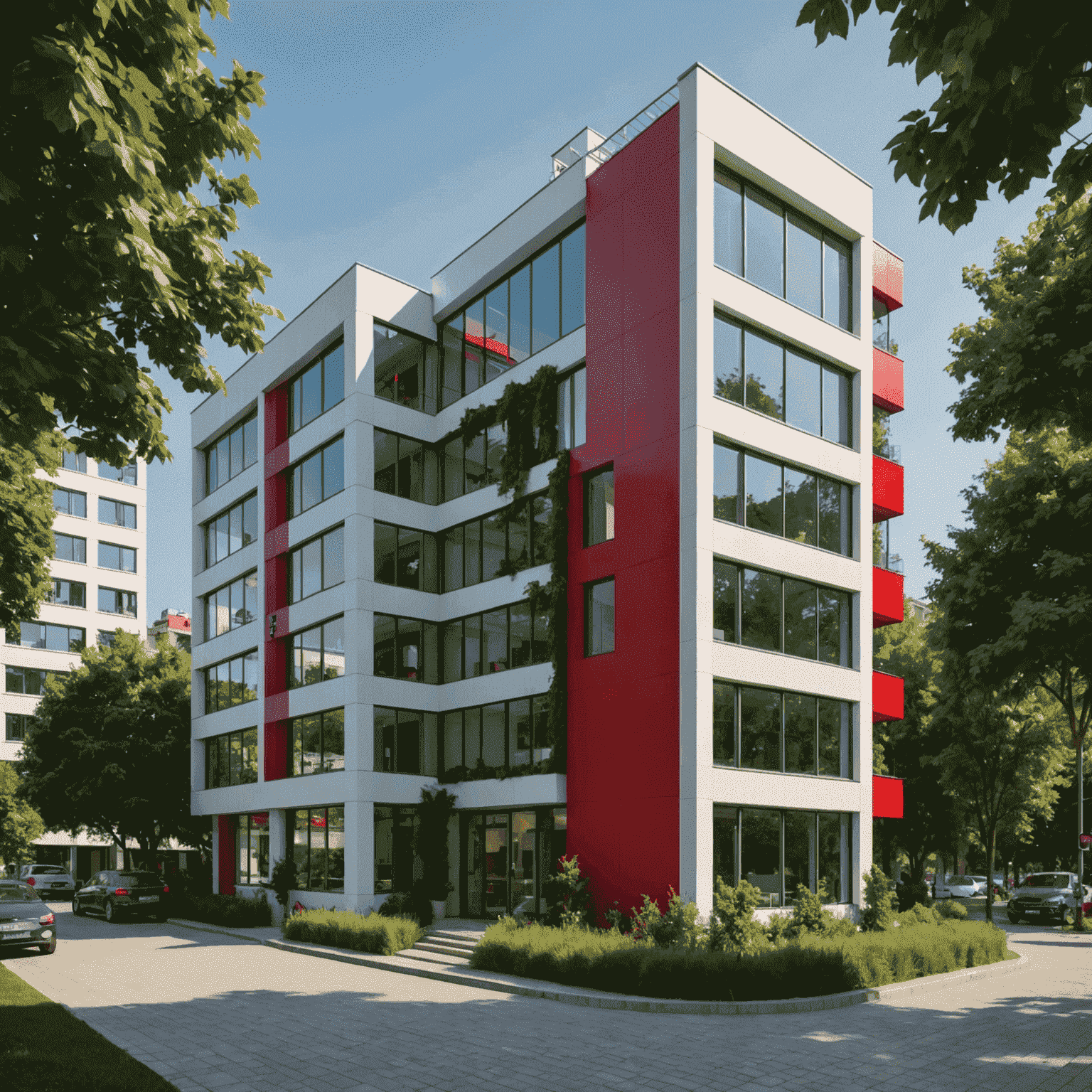 Exterior view of SweetBonanza's Türkiye office, a modern building with red and white accents, surrounded by lush greenery