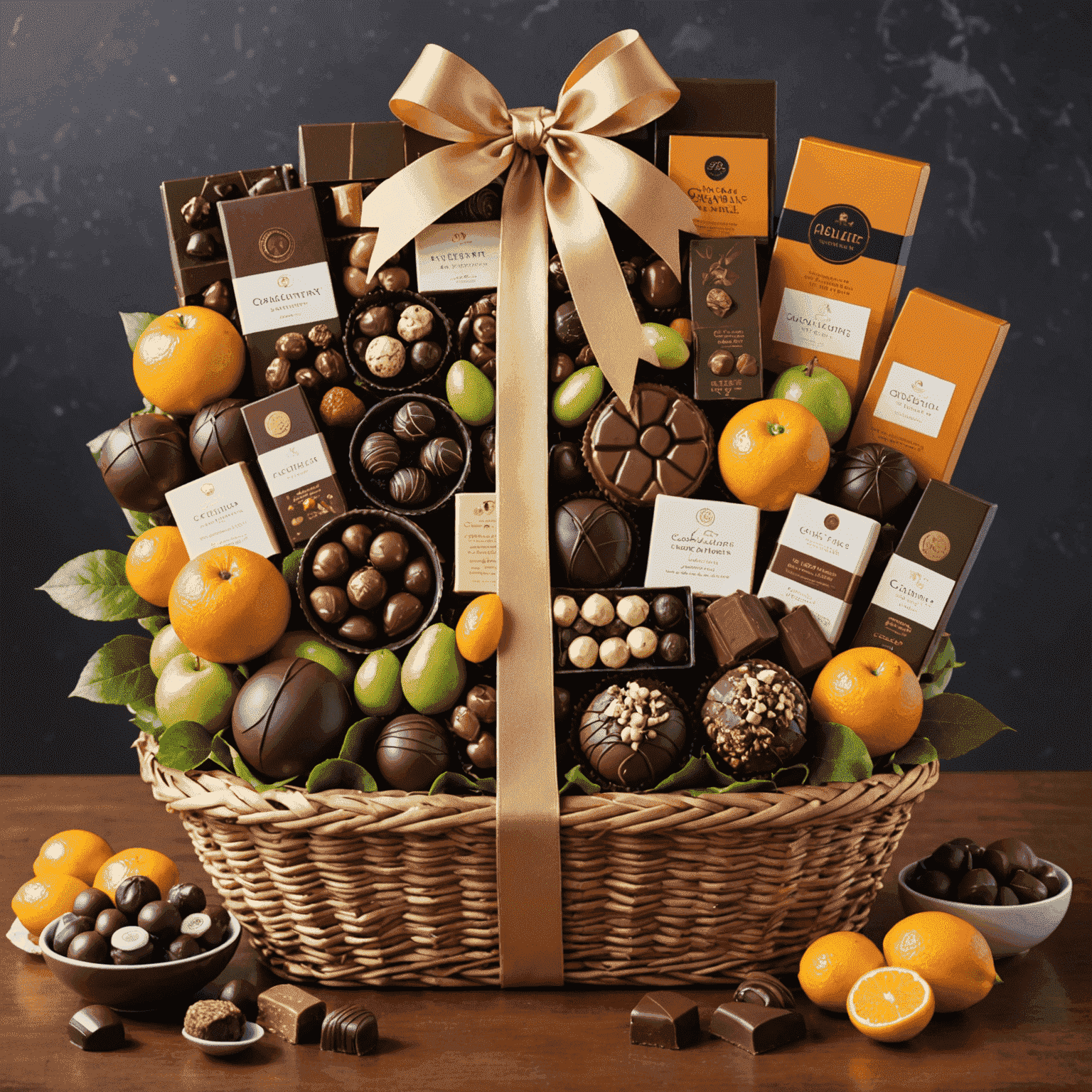 A luxurious gift basket filled with an assortment of gourmet chocolates, truffles, and chocolate-covered fruits