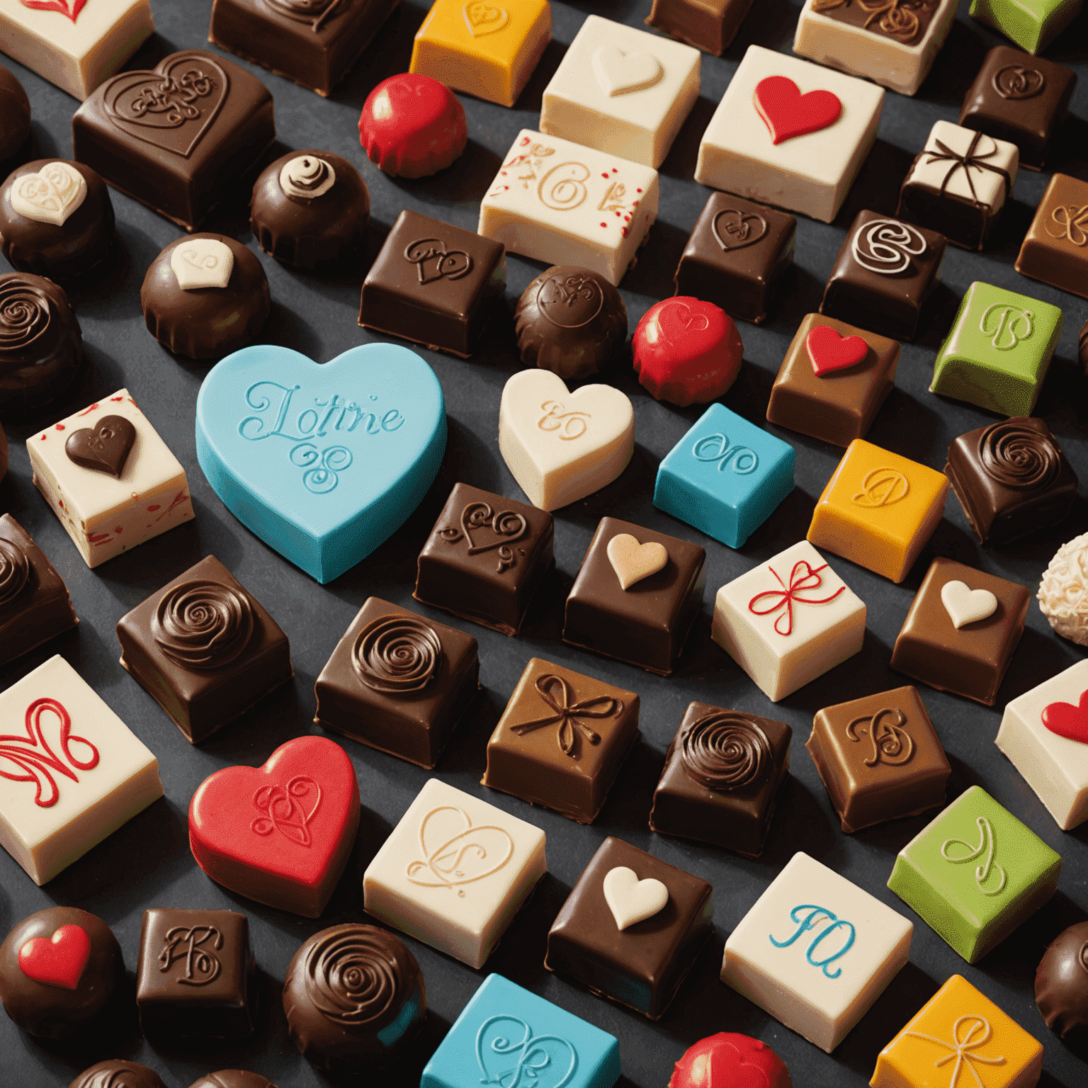 A variety of custom-made chocolates in different shapes and designs, including heart-shaped truffles, monogrammed squares, and colorful bonbons