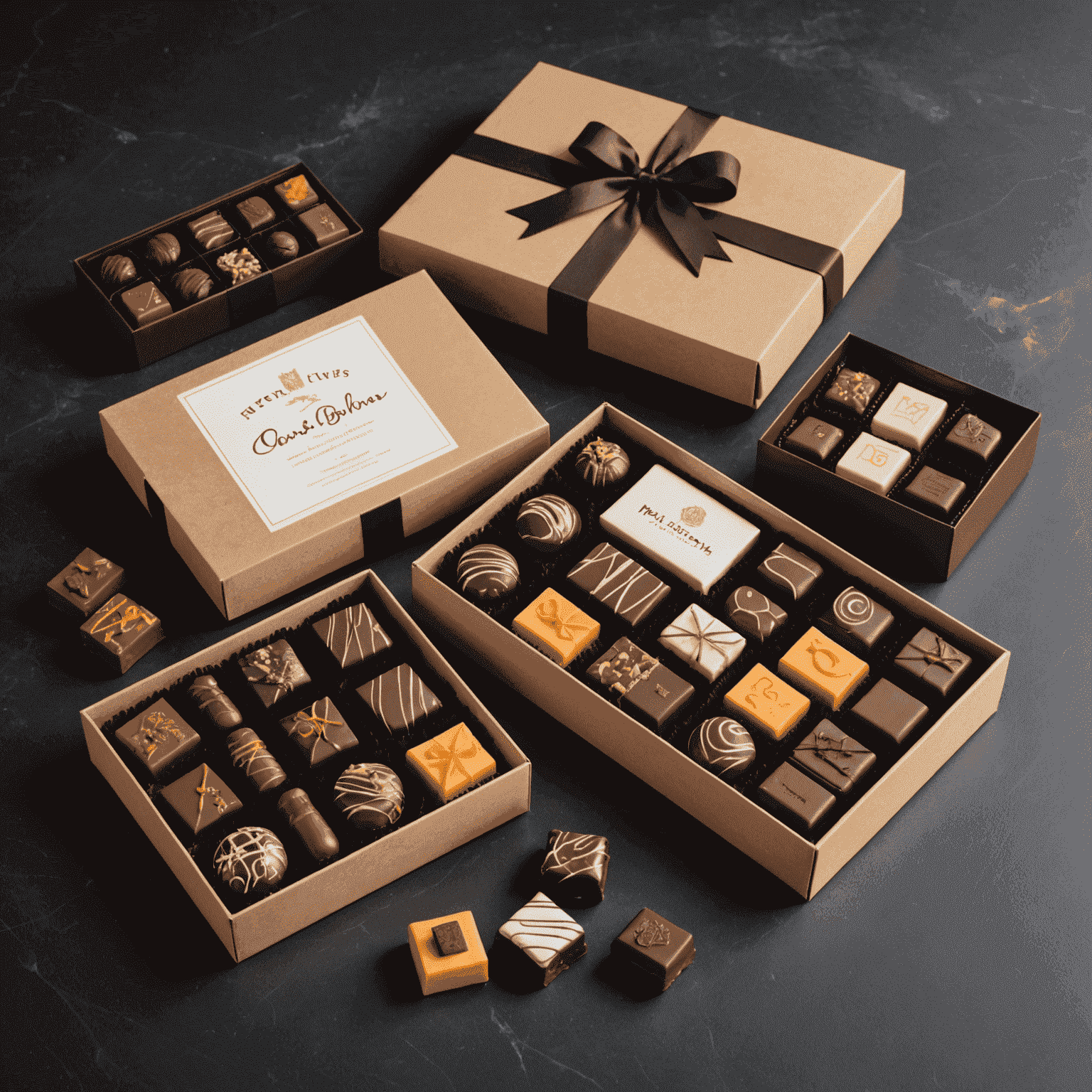 Assorted corporate gift boxes filled with premium chocolates, candies, and branded items