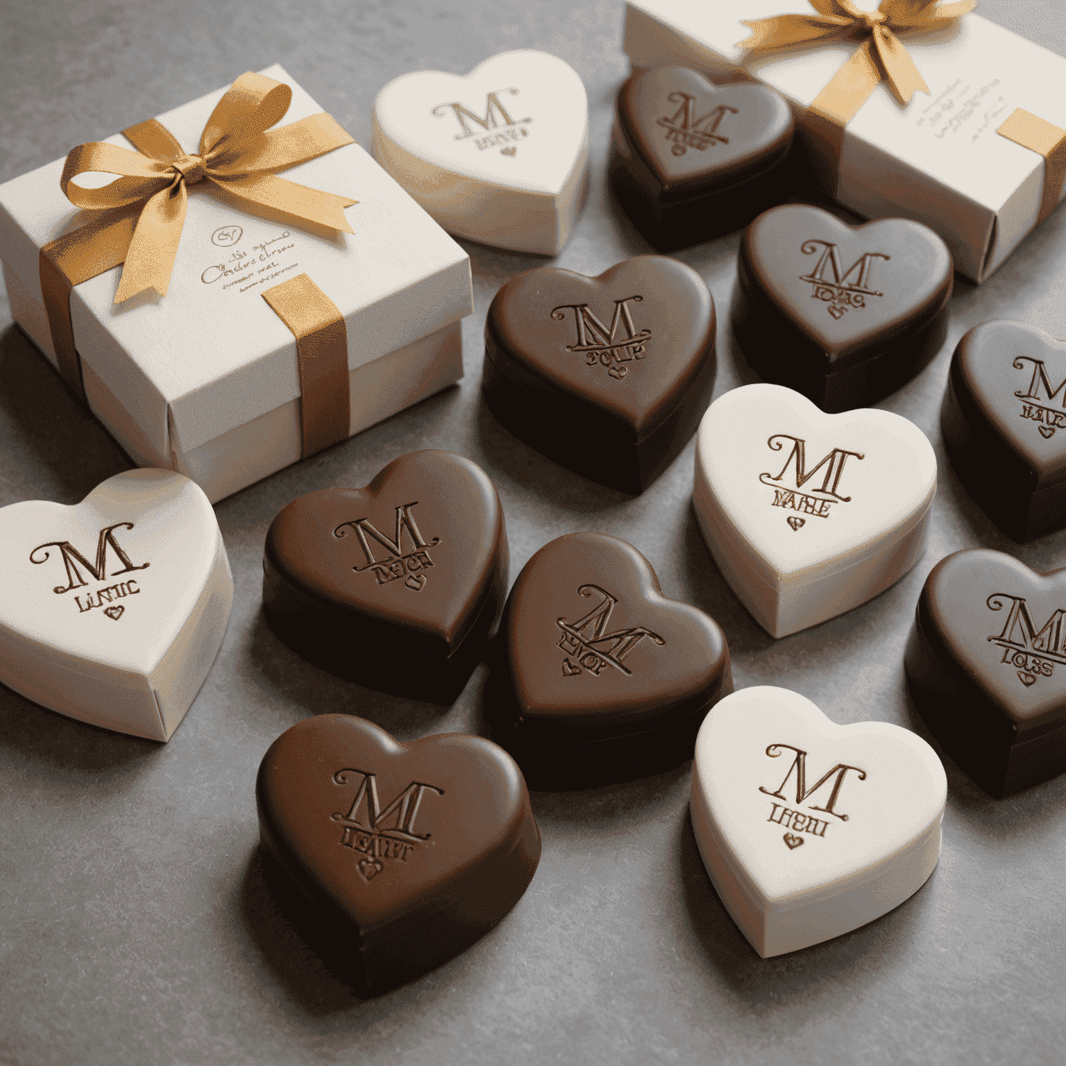 Personalized chocolate hearts in elegant packaging, each with the couple's initials engraved