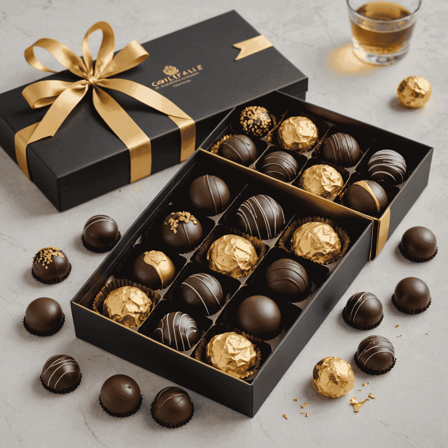 Elegant black and gold gift box filled with an assortment of handcrafted chocolates and truffles