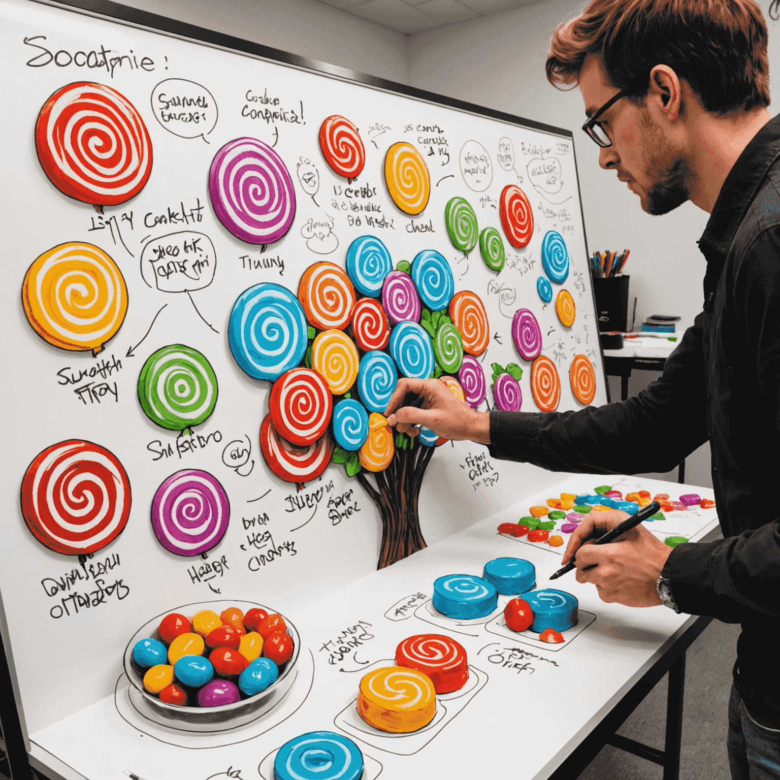 SweetBonanza's design team brainstorming new candy concepts, sketching colorful ideas on a large whiteboard