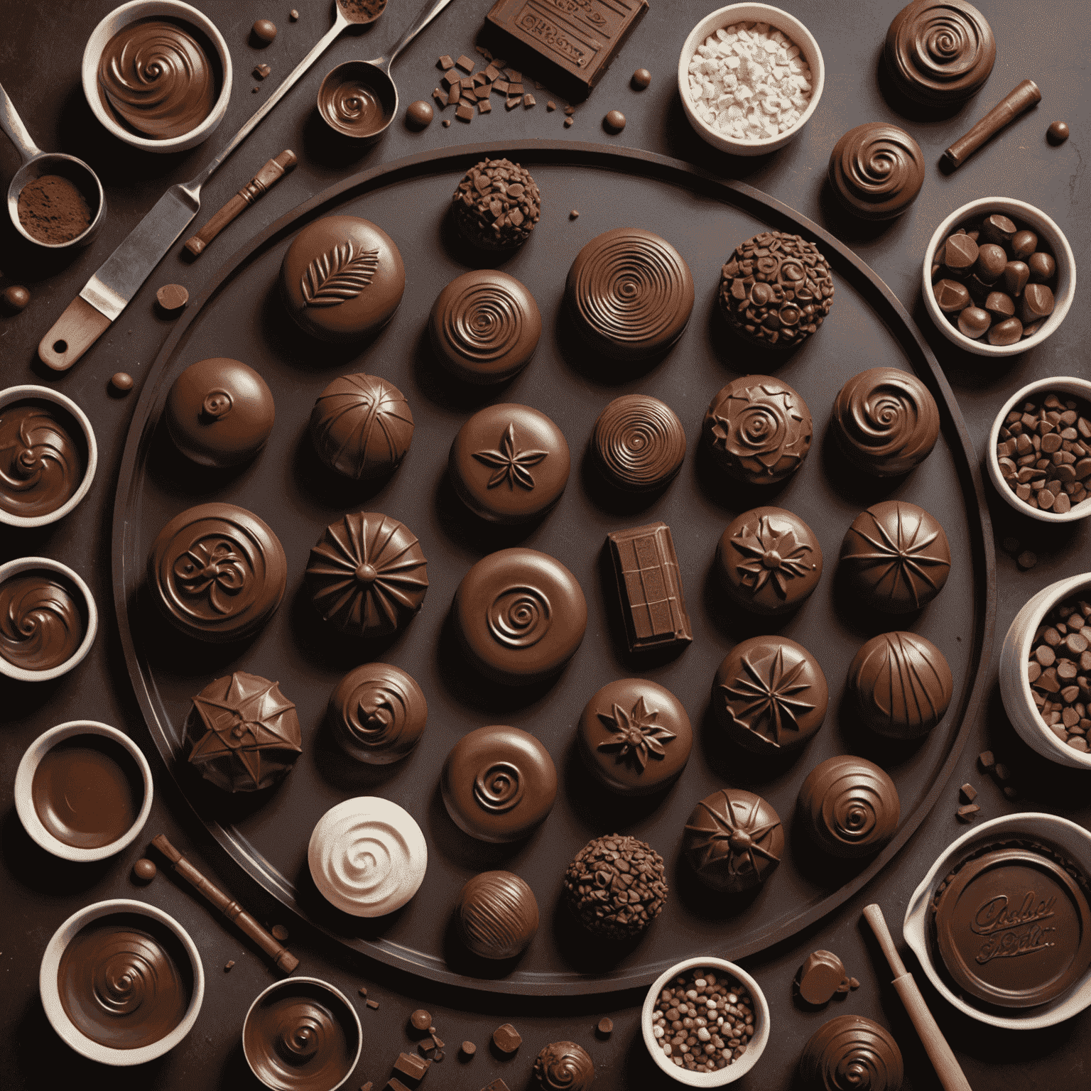 A chocolatier crafting personalized chocolates with custom molds and decorations, surrounded by an array of chocolate-making tools and ingredients