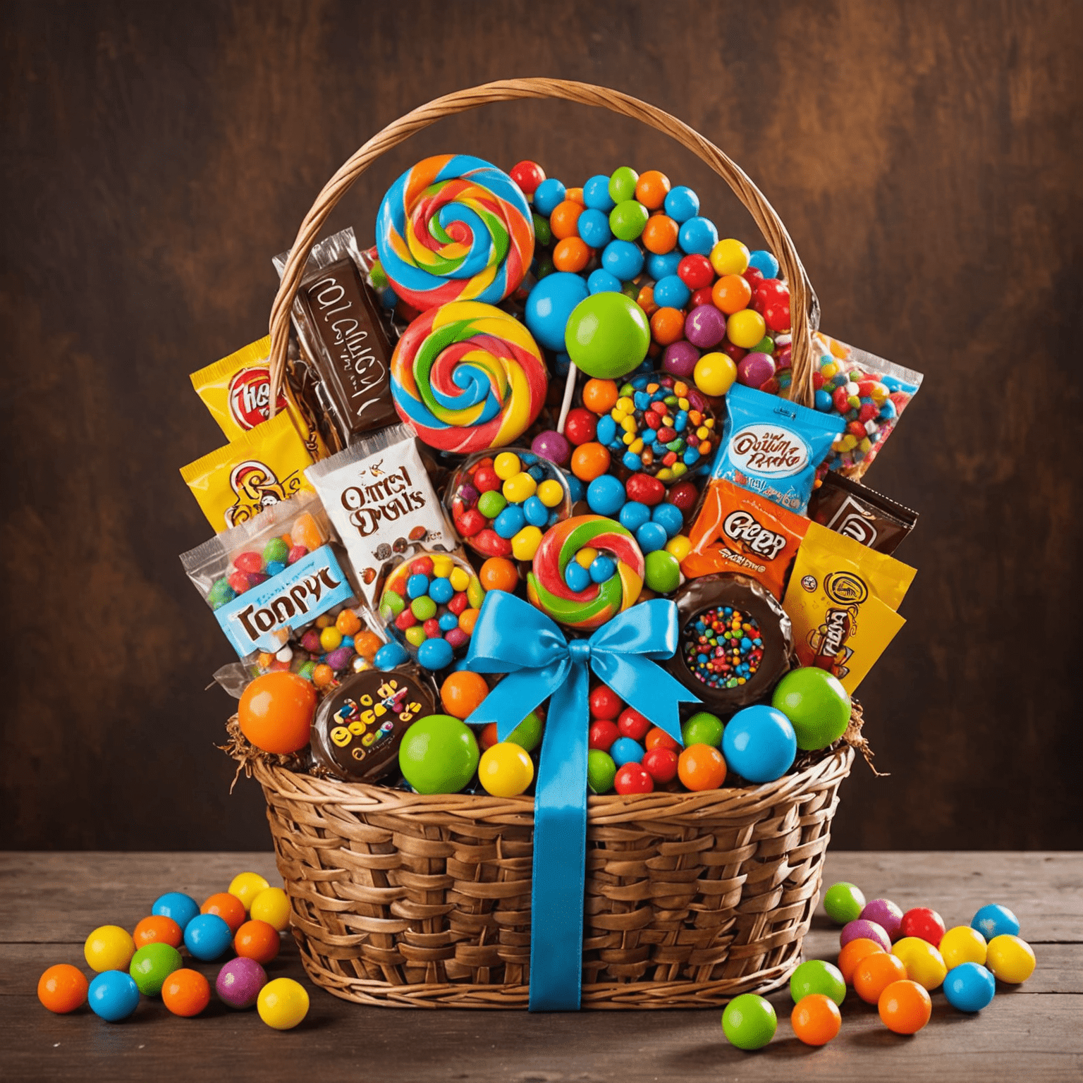 A colorful gift basket overflowing with a variety of candies, lollipops, and sweet treats