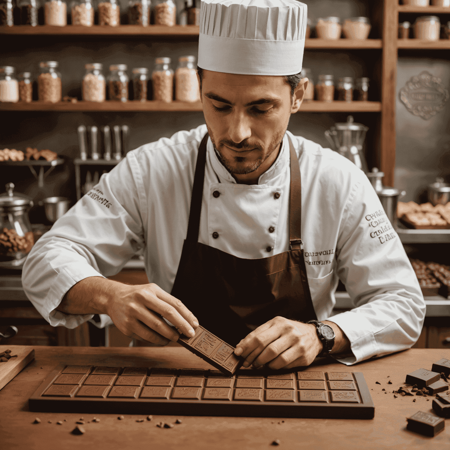 A chocolatier carefully crafting a personalized chocolate bar with intricate designs and text