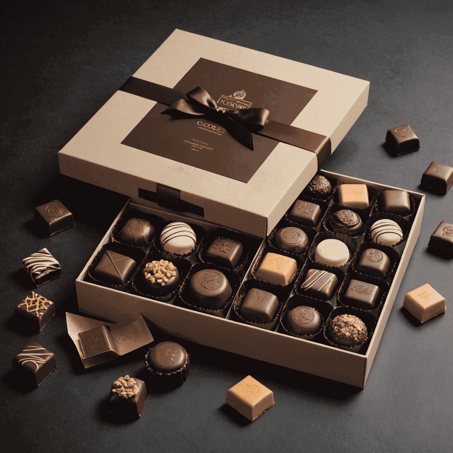 Elegant gift box with assorted handmade chocolates and company logo