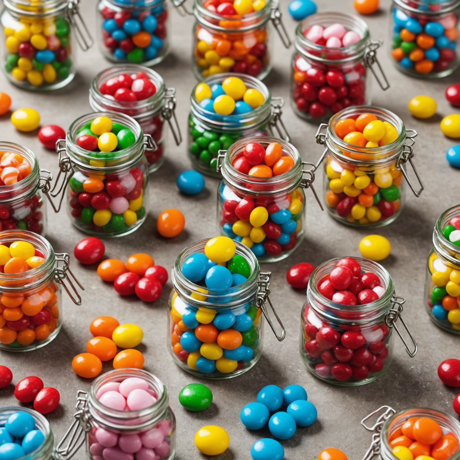 Miniature glass jars filled with colorful assorted candies, tied with a ribbon