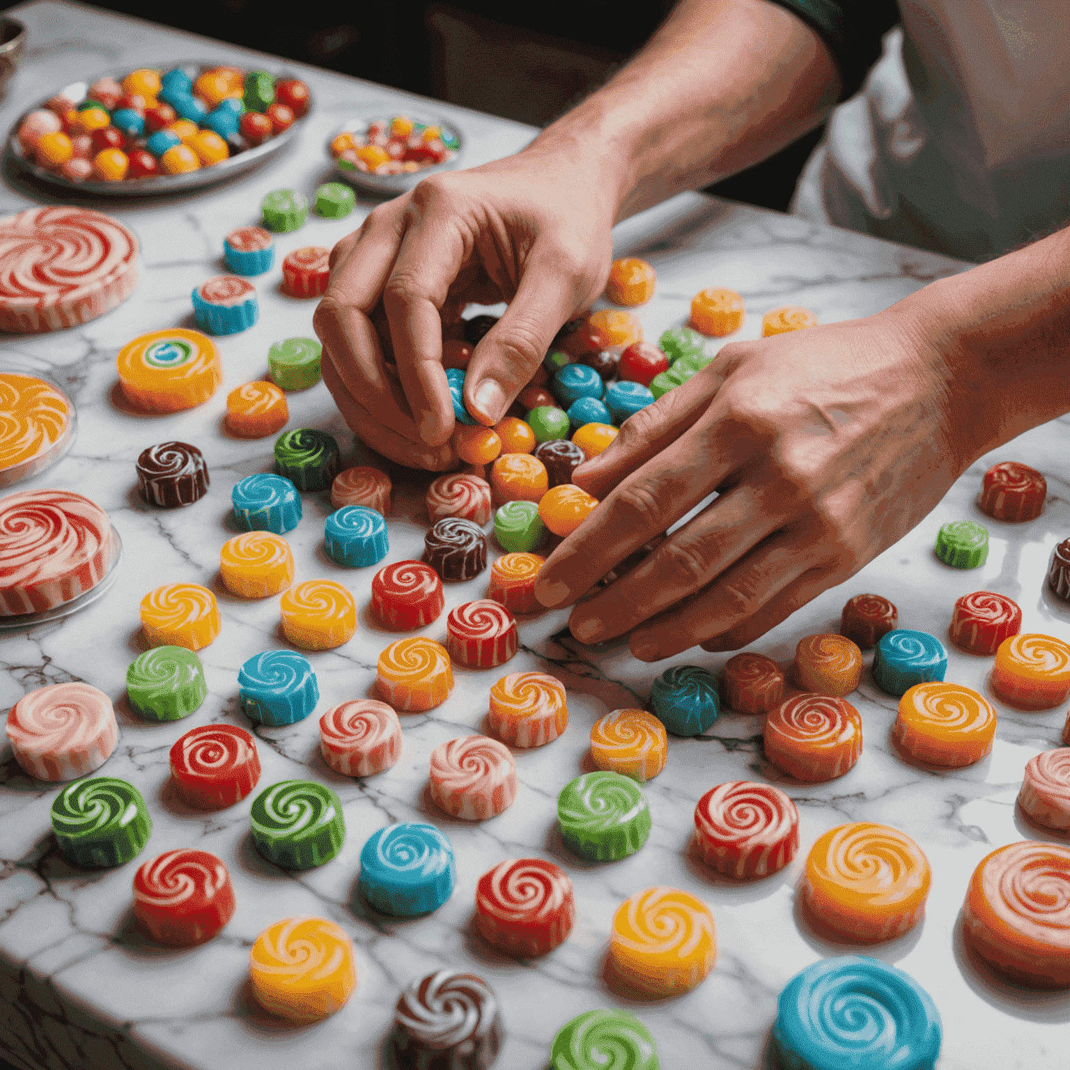 Close-up of hands carefully crafting handmade sweets, shaping colorful candy on a marble surface