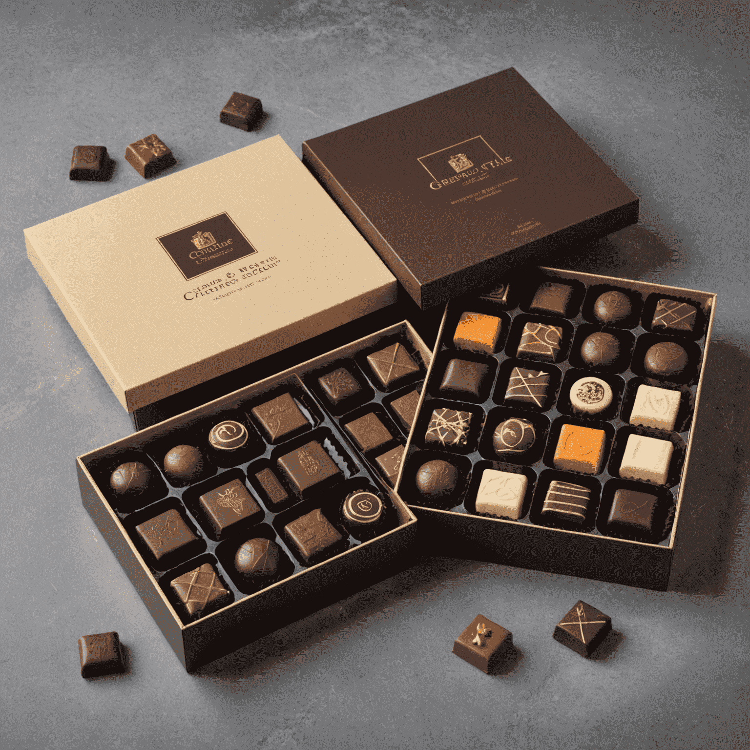 Elegant corporate gift boxes containing a selection of premium chocolates, branded with company logos, and arranged in a professional setting