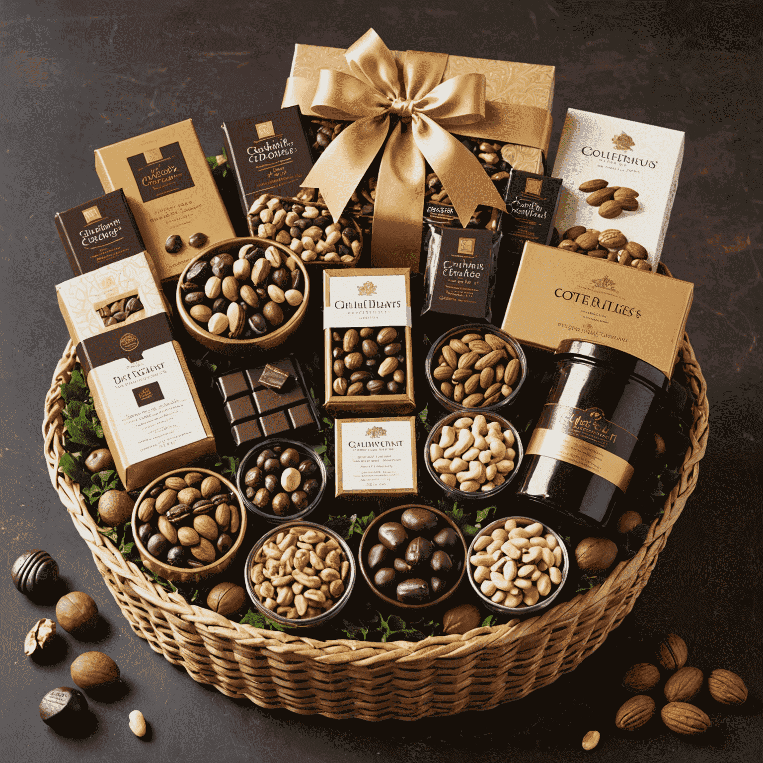 A sophisticated gift basket with premium chocolates, nuts, and gourmet snacks, wrapped in elegant packaging