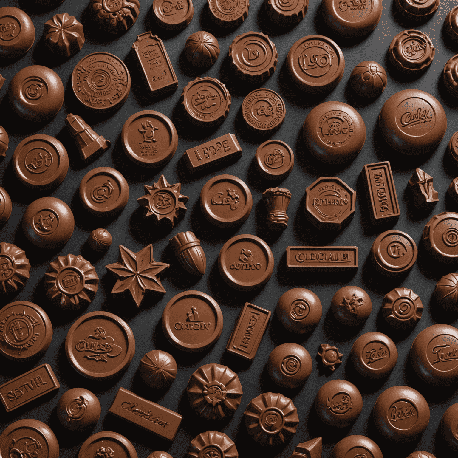 An assortment of chocolate molds in various shapes including logos, names, and custom designs