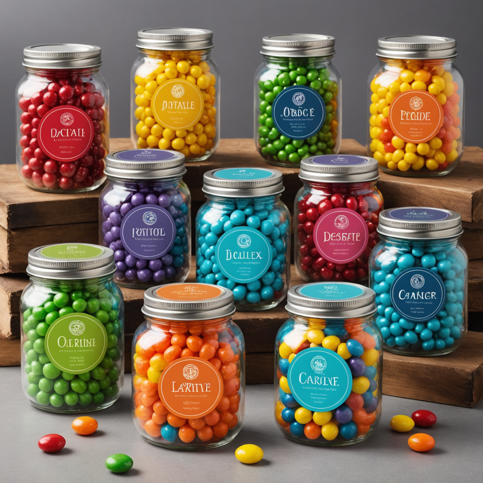 Variety of colorful, personalized candy jars with company branding