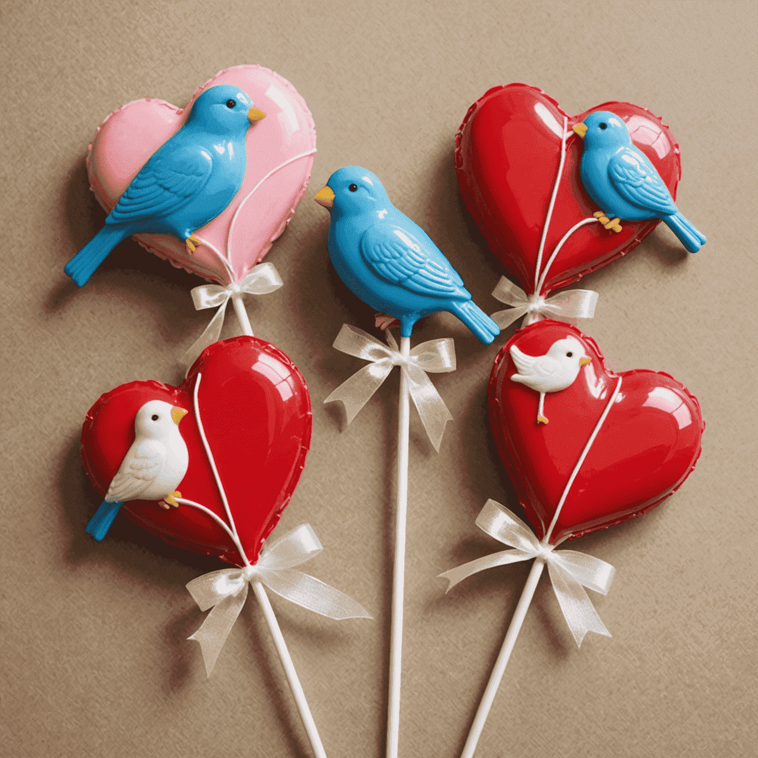 Heart-shaped lollipops with two love birds design, wrapped in cellophane