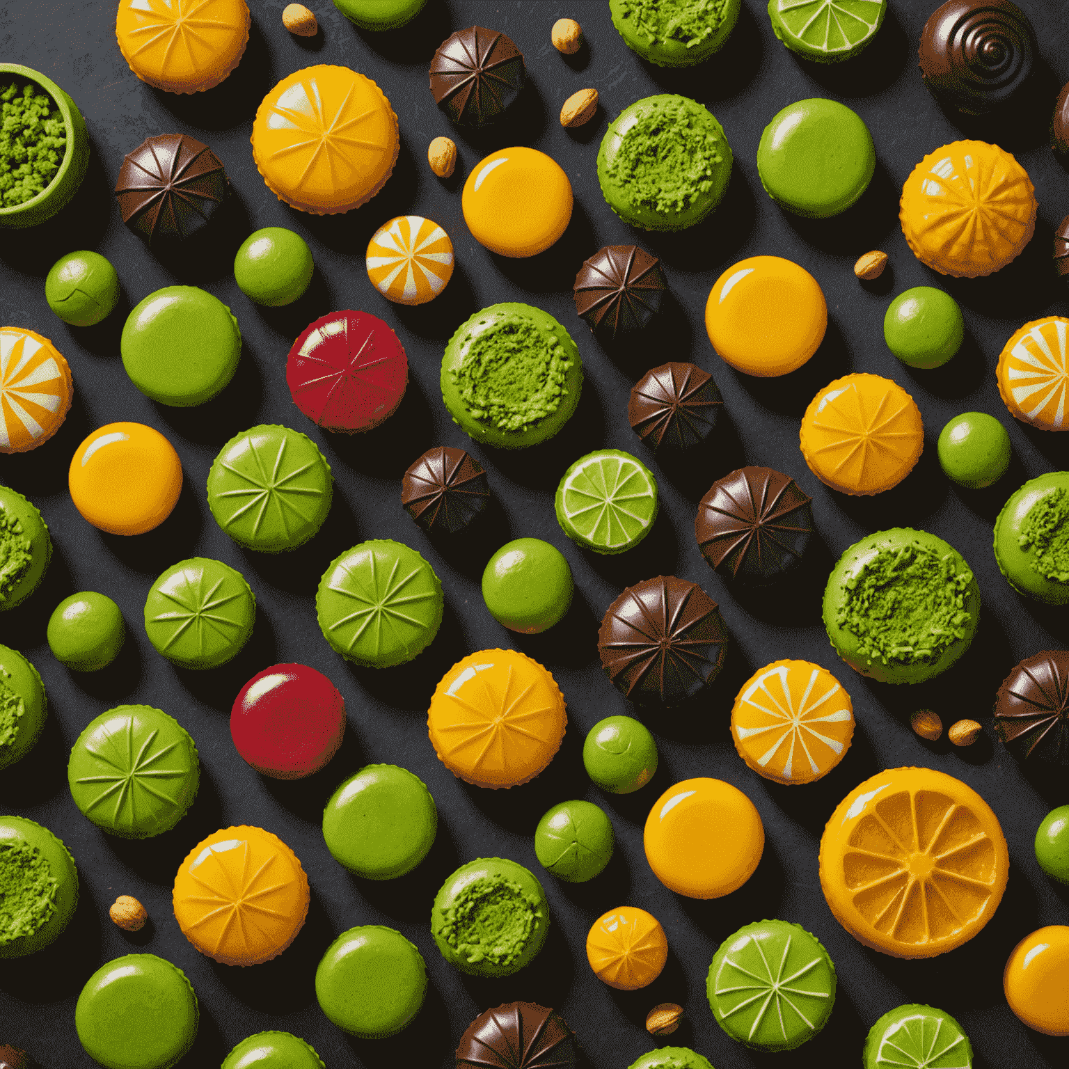 An assortment of candies and chocolates infused with unique flavors like matcha, turmeric, and exotic fruits, arranged in a visually appealing manner