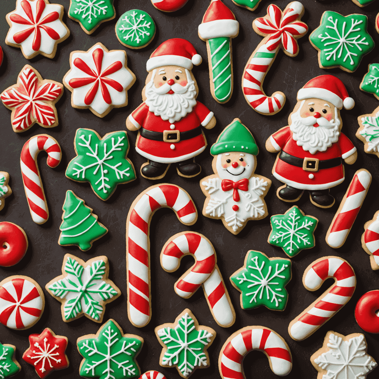 Festive display of holiday-themed candies including candy canes, chocolate Santas, and snowflake-shaped sugar cookies