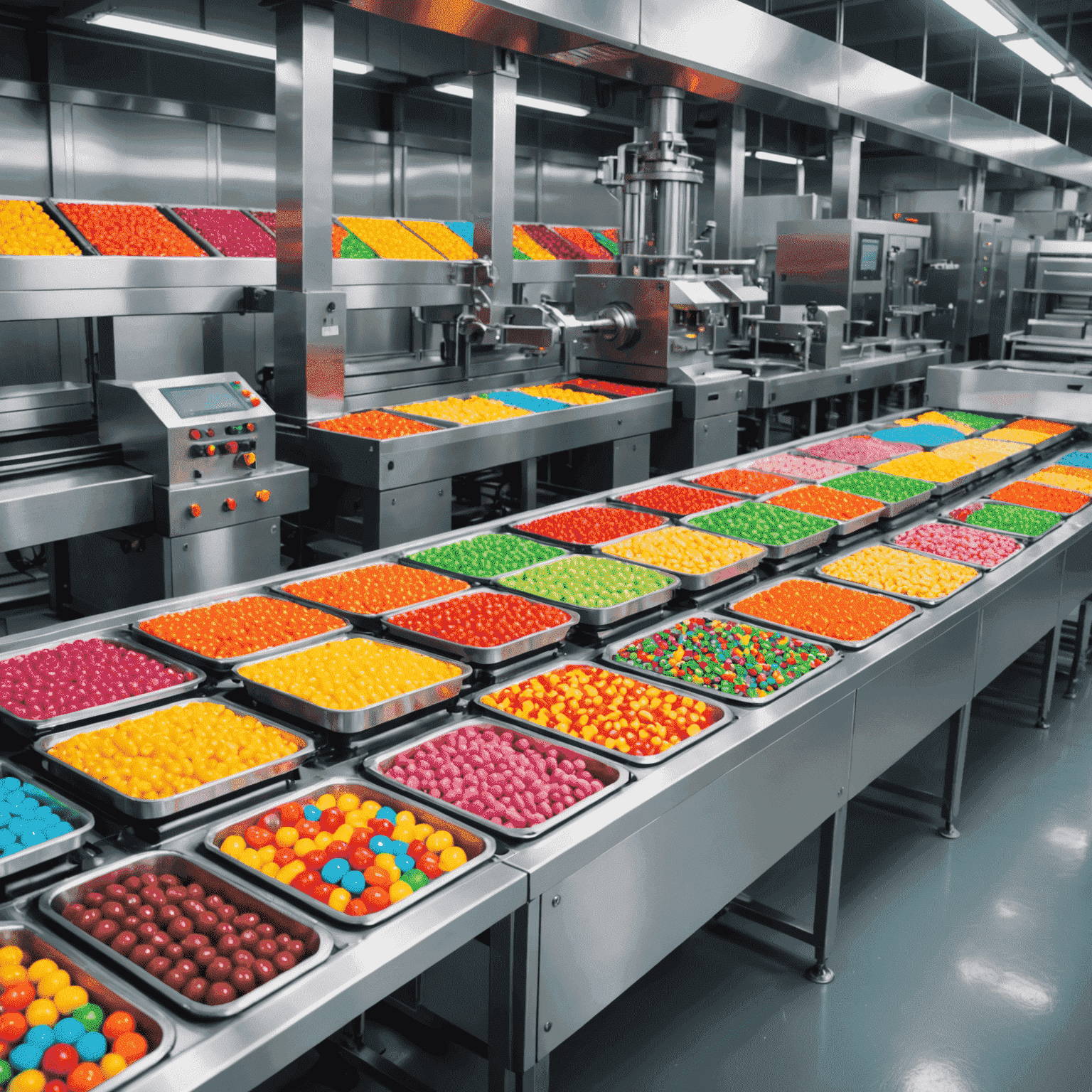 Modern production line with gleaming stainless steel equipment producing a variety of colorful candies