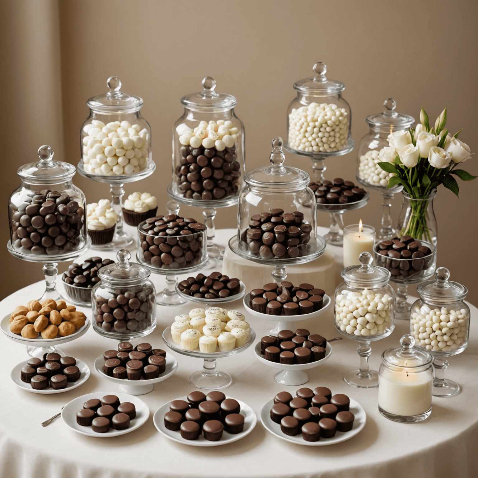 A display of elegant wedding favors including small boxes of chocolates, personalized candy jars, and delicate sweet treats arranged on a decorated wedding table