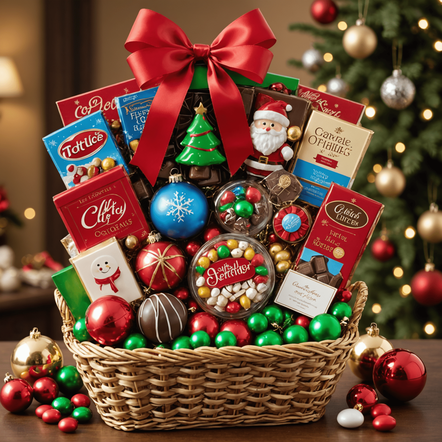 A festive gift basket filled with seasonal candies, chocolates, and decorated with holiday ornaments