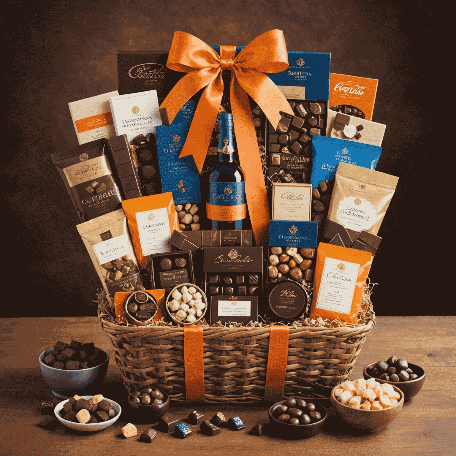 Luxurious gift basket with an assortment of chocolates, candies, and branded merchandise