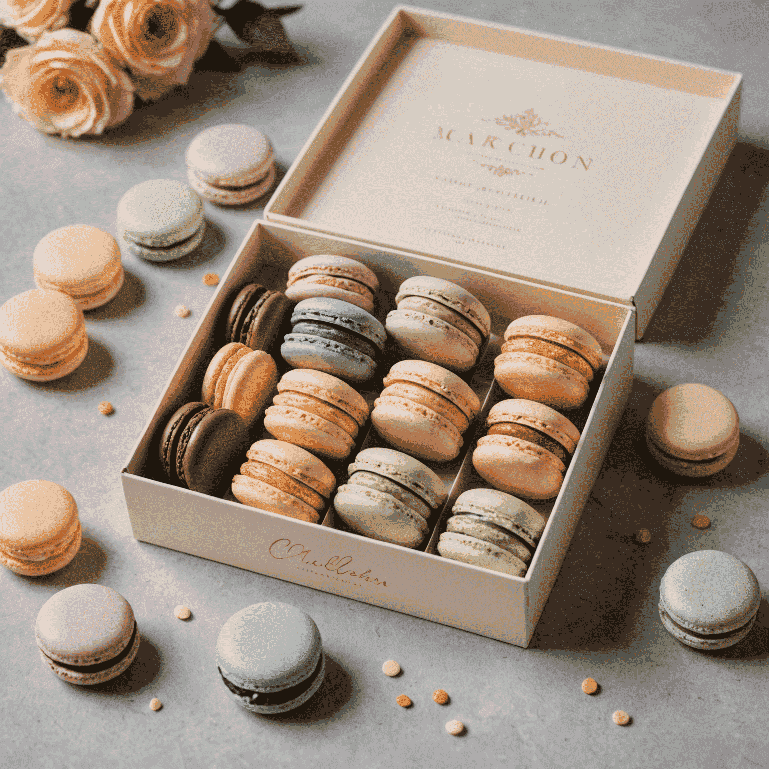 Elegant box of macarons in pastel colors with the couple's names printed on the box