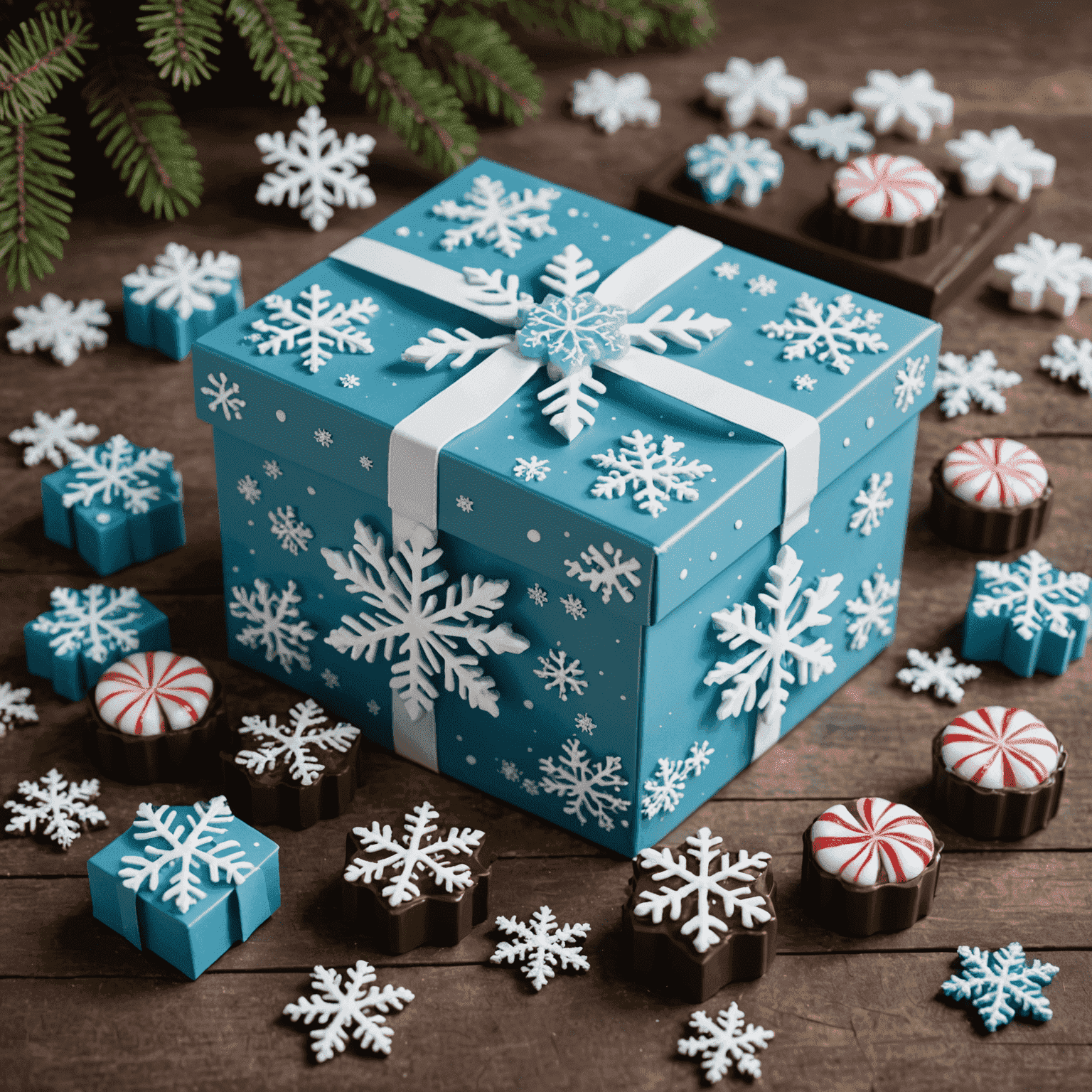 Winter Wonderland Box with snowflake-shaped chocolates and peppermint candies