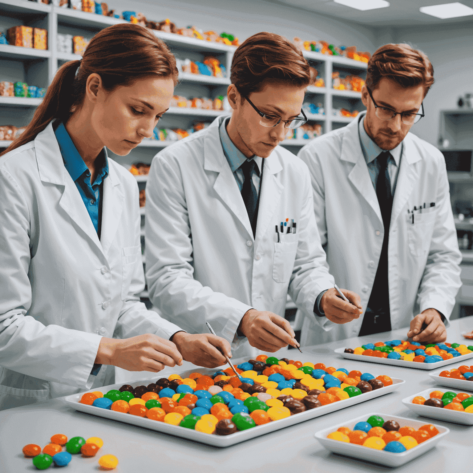 Quality control team in white lab coats carefully inspecting a selection of colorful candies and chocolates