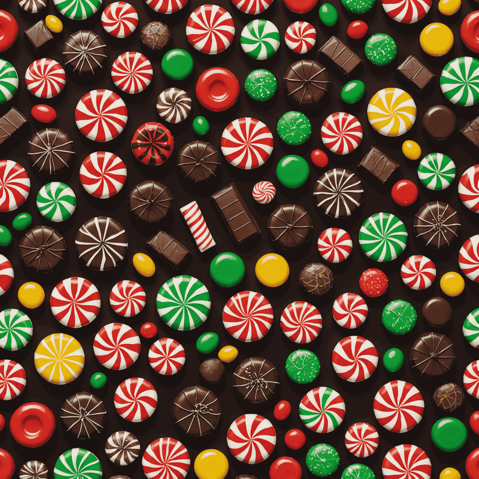 A festive display of seasonal candies and chocolates, featuring holiday-themed designs, colors, and packaging for various celebrations throughout the year