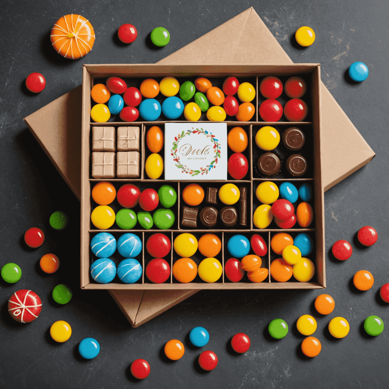 A customizable gift box with an assortment of candies and a personalized message or logo