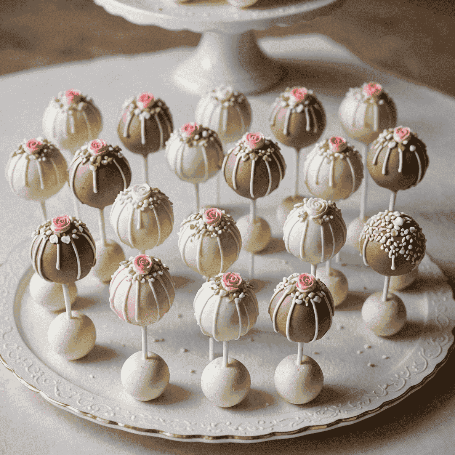 Beautifully decorated cake pops resembling miniature wedding cakes