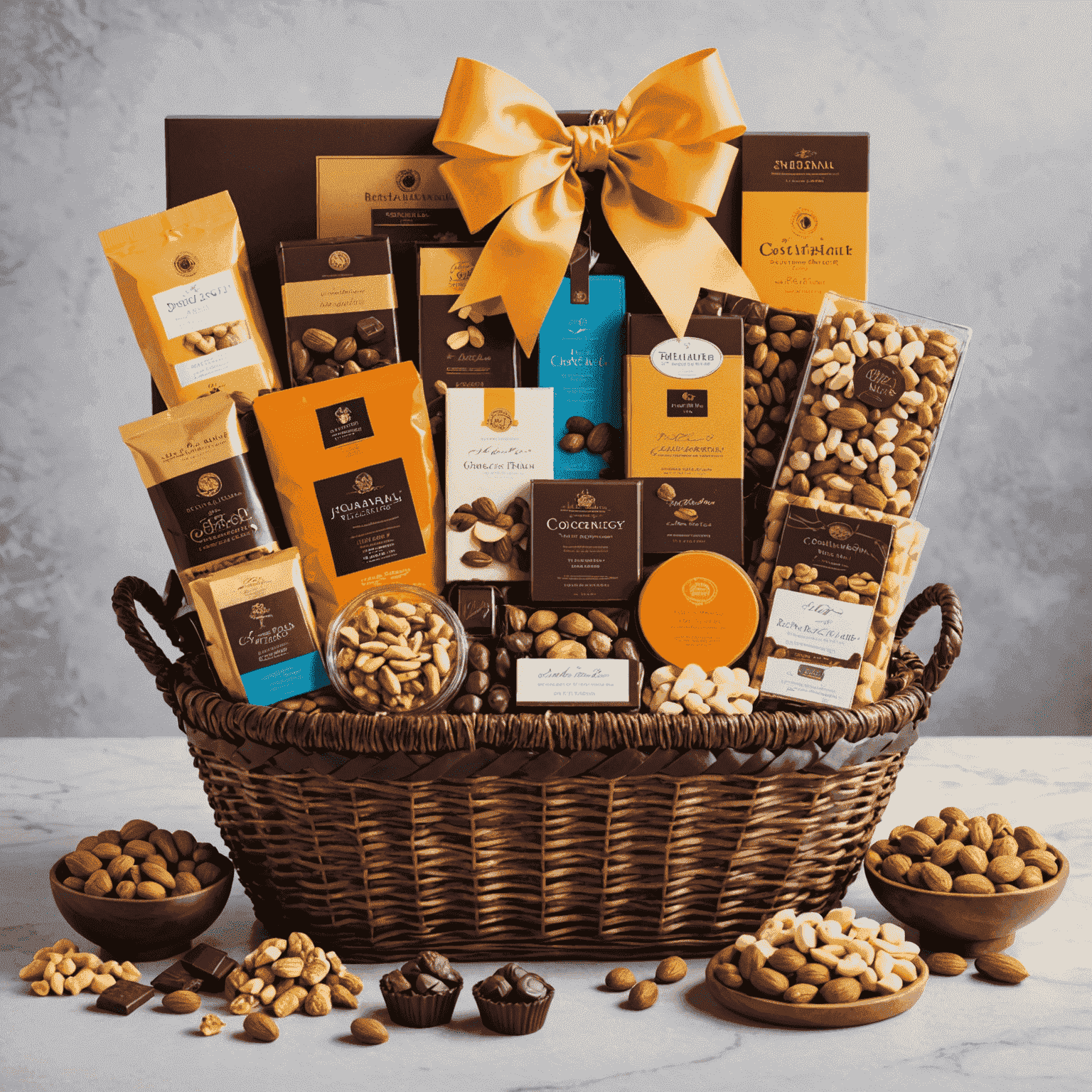 An elegant gift basket featuring a variety of gourmet sweets, including artisanal chocolates, premium nuts, and exotic candies