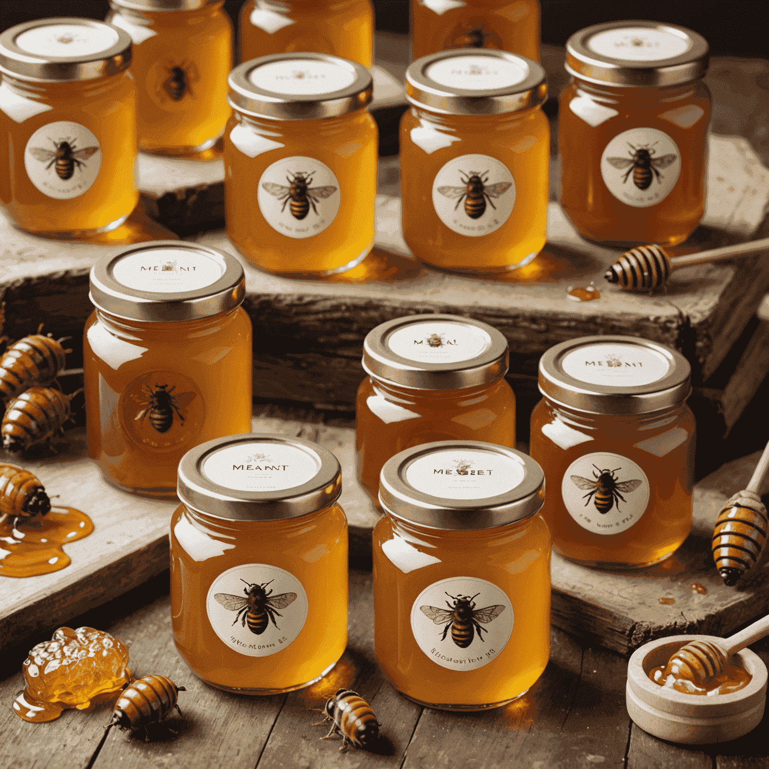 Small jars of golden honey with custom labels saying 'Meant to Bee'